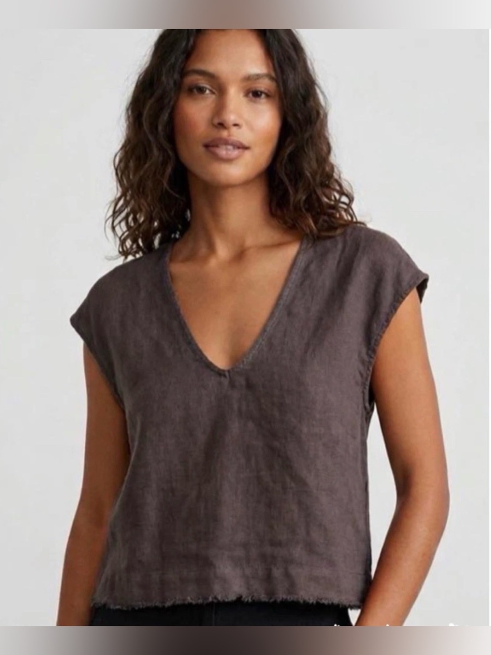 Zara Charcoal Scoop Neck Cap Sleeve Linen Top